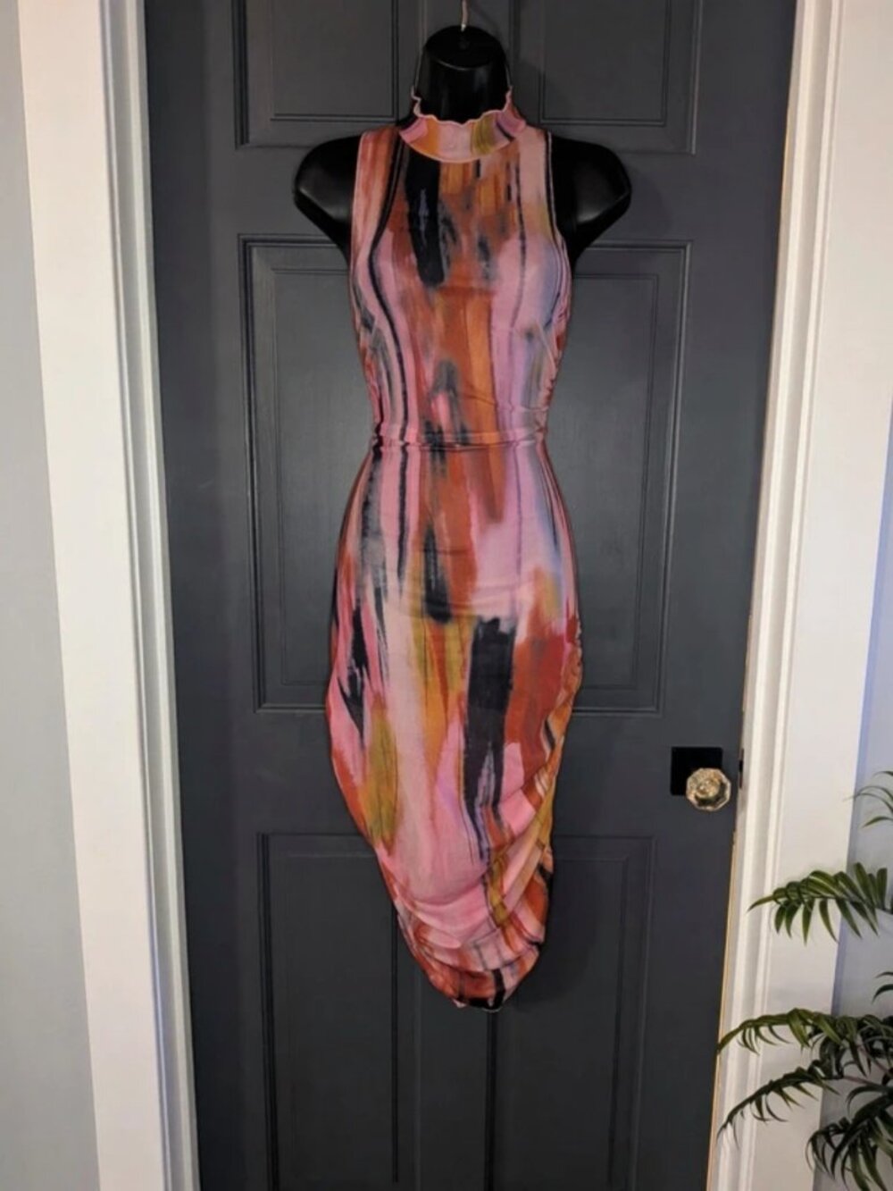 Micas Sheer Abstract Print Ruched Mini Dress | M/L